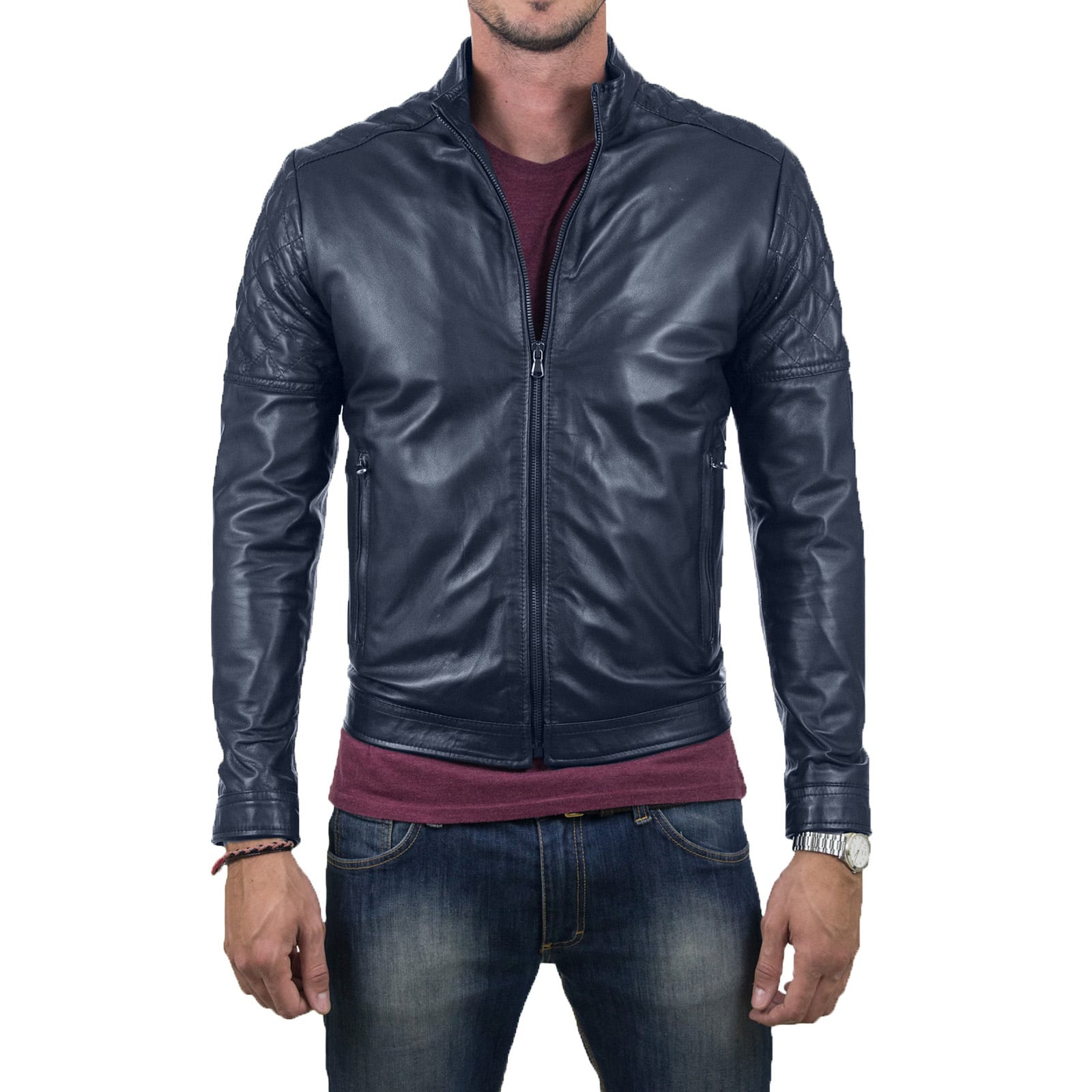 Genuine Leather Jacket Biker Coat Men’s Slim Hand Made in Italy Cod.156B Rindway